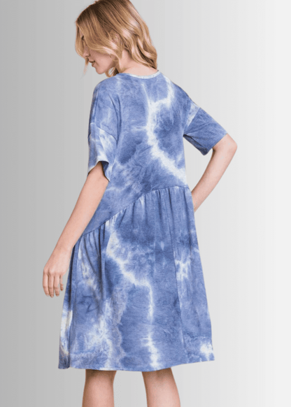 Denim Blue Tie Dye Shirred Waist Dress
