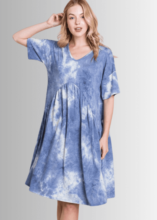 Denim Blue Tie Dye Shirred Waist Dress
