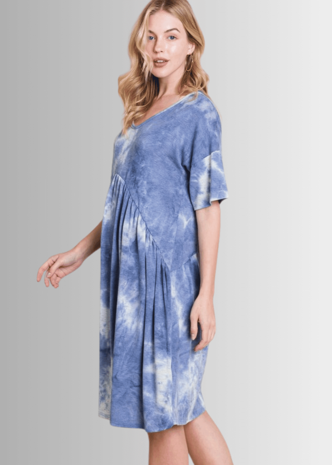 Denim Blue Tie Dye Shirred Waist Dress