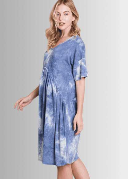 Denim Blue Tie Dye Shirred Waist Dress