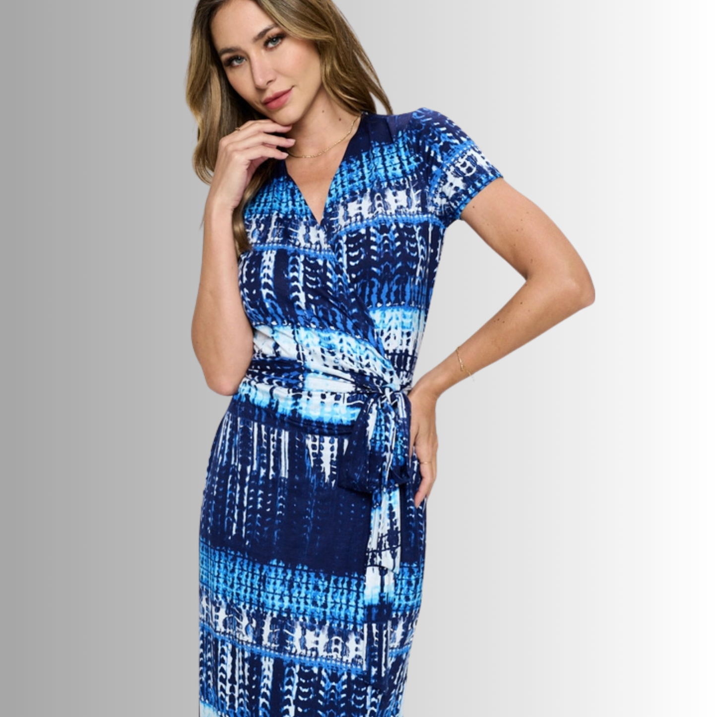 A Feminine Touch Abstract Blues Jersey Wrap Dress