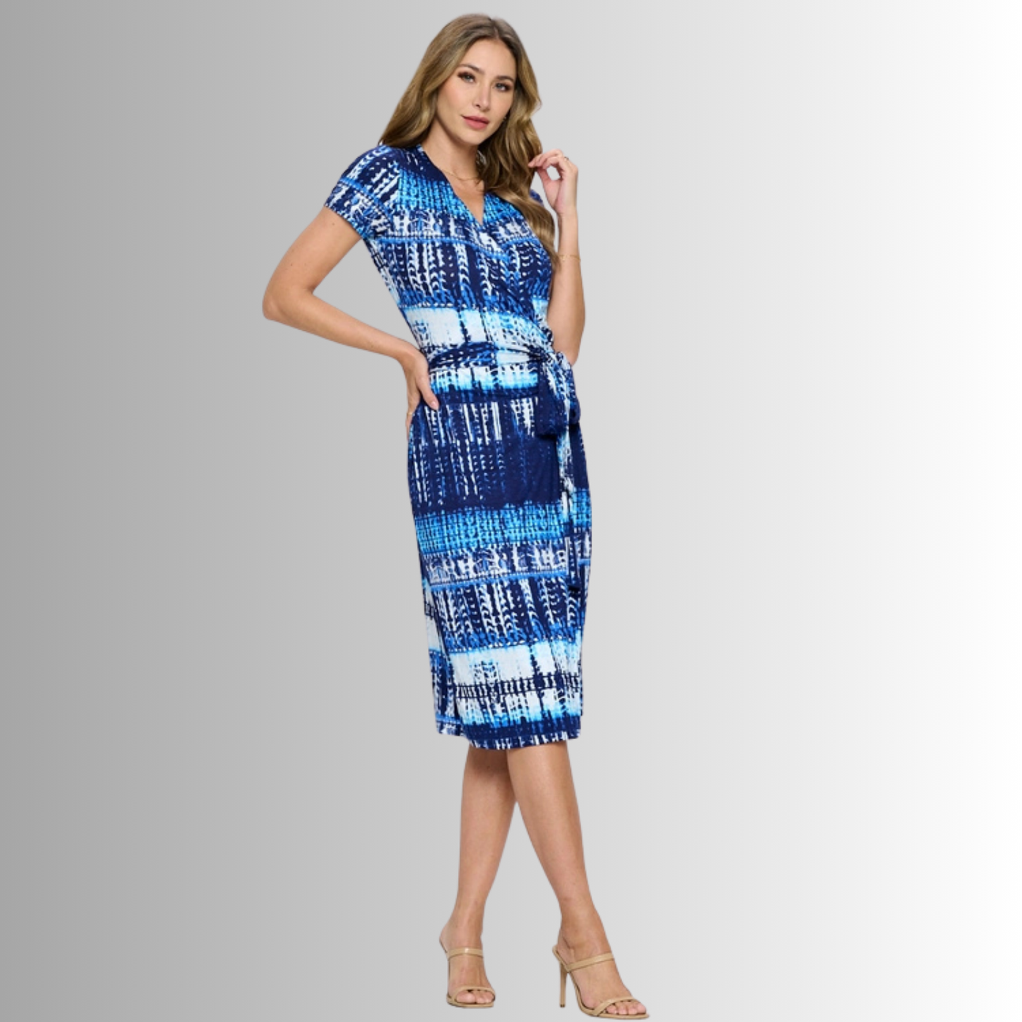 A Feminine Touch Abstract Blues Jersey Wrap Dress