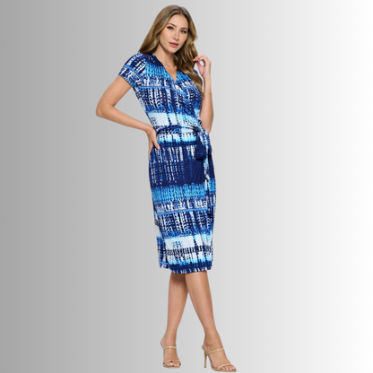 A Feminine Touch Abstract Blues Jersey Wrap Dress