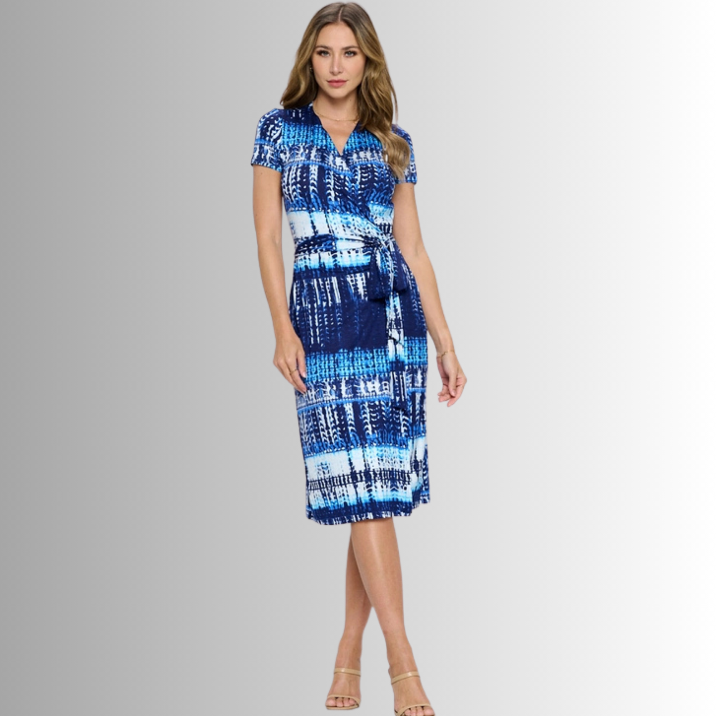 A Feminine Touch Abstract Blues Jersey Wrap Dress