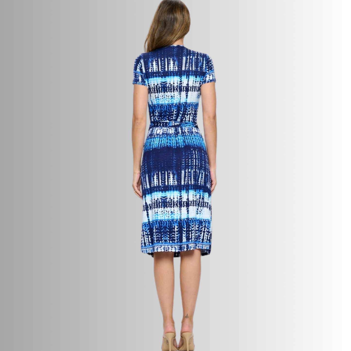 A Feminine Touch Abstract Blues Jersey Wrap Dress