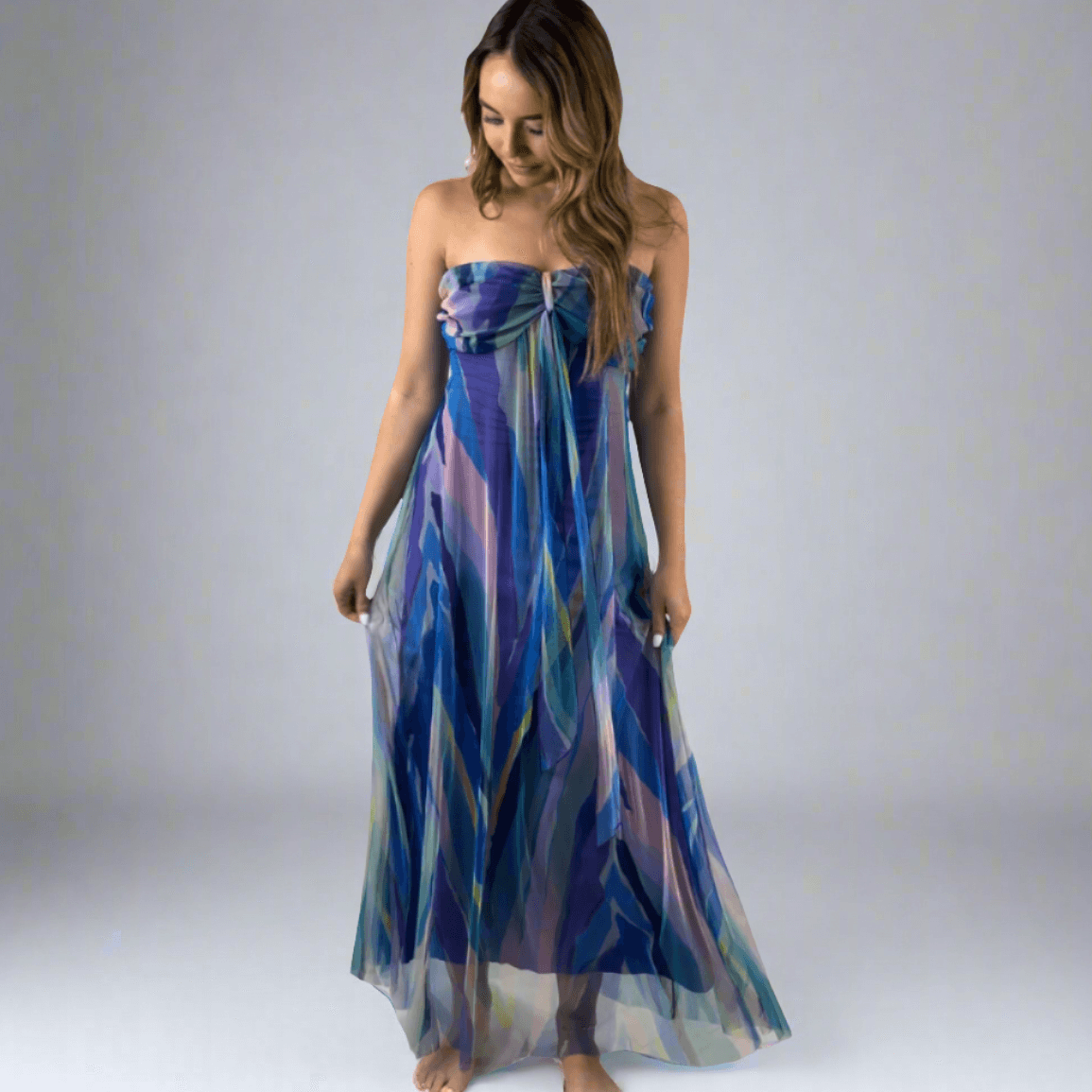 AQUARELLE Long Strapless Flared Empire Dress Made in USA