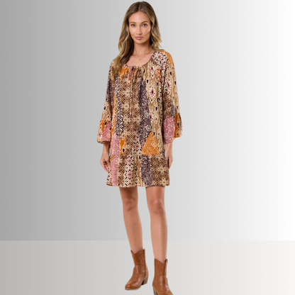 Brynn Boho Pattern Ruffled A-Line Dress