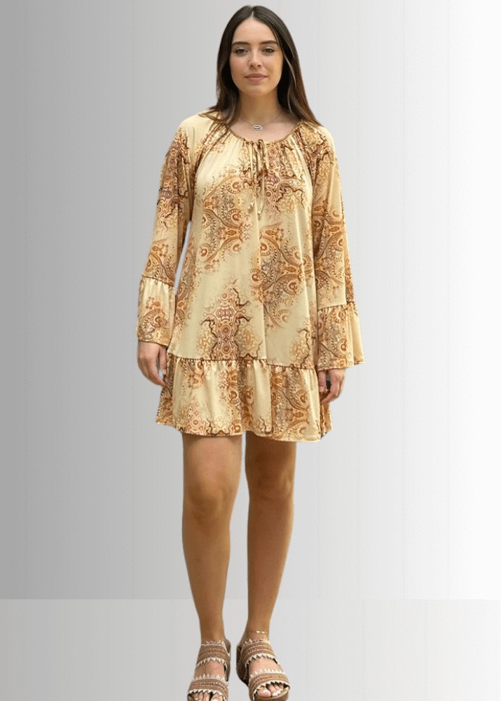 Inaya Boho Tiered Dress in Mustard