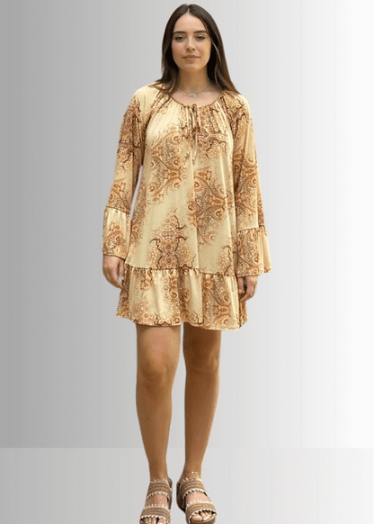 Inaya Boho Tiered Dress in Mustard