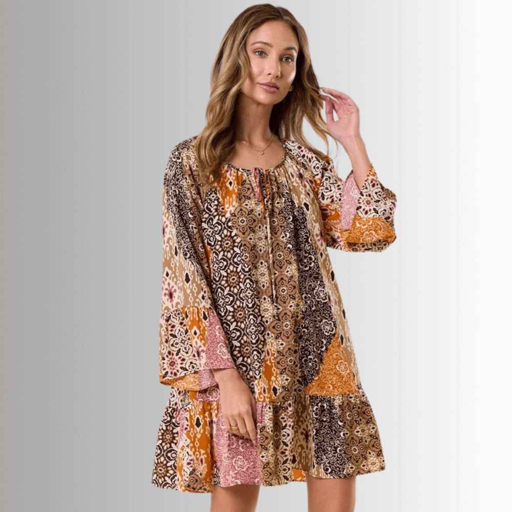 Brynn Boho Pattern Ruffled A-Line Dress