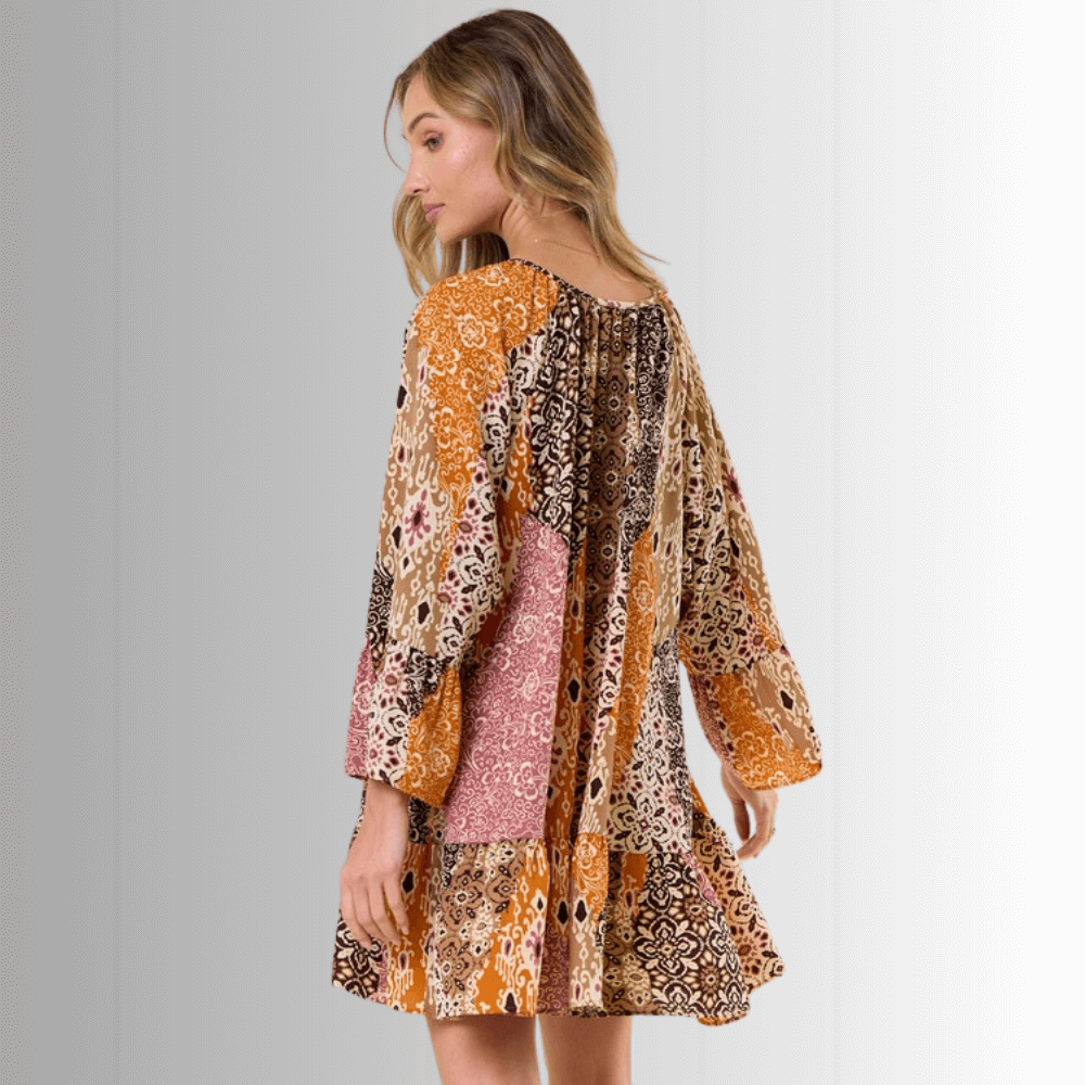 Brynn Boho Pattern Ruffled A-Line Dress