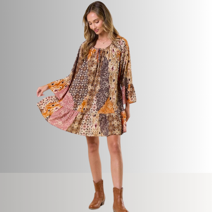 Brynn Boho Pattern Ruffled A-Line Dress