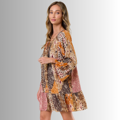Brynn Boho Pattern Ruffled A-Line Dress