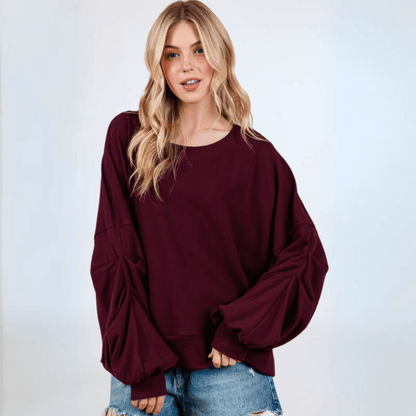Cabernet Red Sweatshirt with Sleeve Gathering  Made in USA