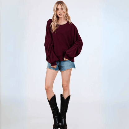 Cabernet Red Sweatshirt with Sleeve Gathering  Made in USA
