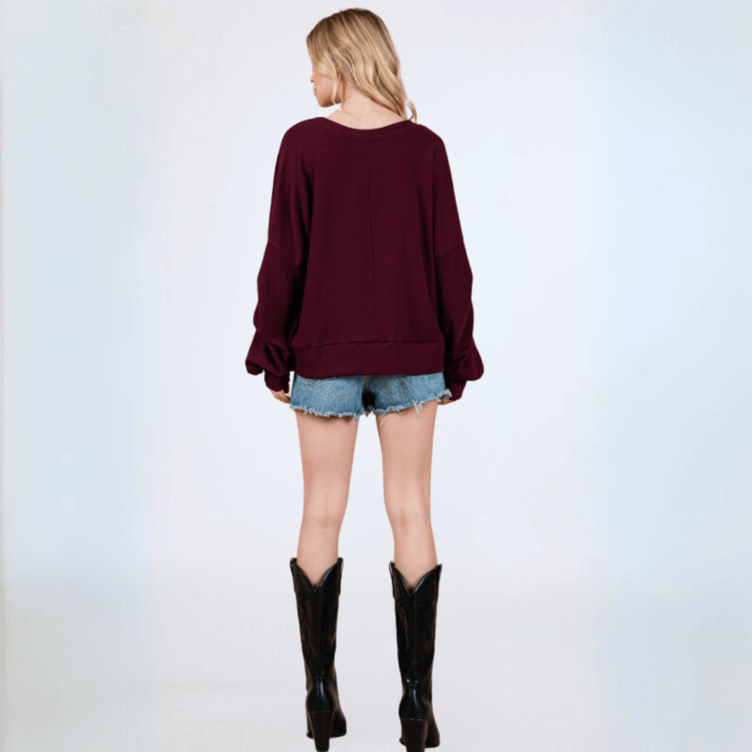 Cabernet Red Sweatshirt with Sleeve Gathering  Made in USA