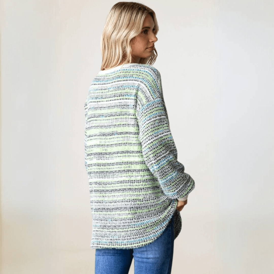 Fuzzy Soft Striped Henley Sweater