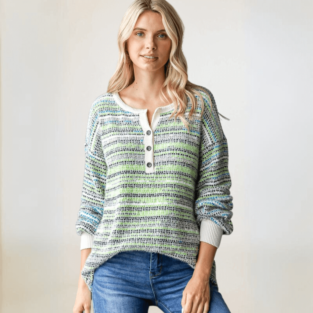 Fuzzy Soft Striped Henley Sweater