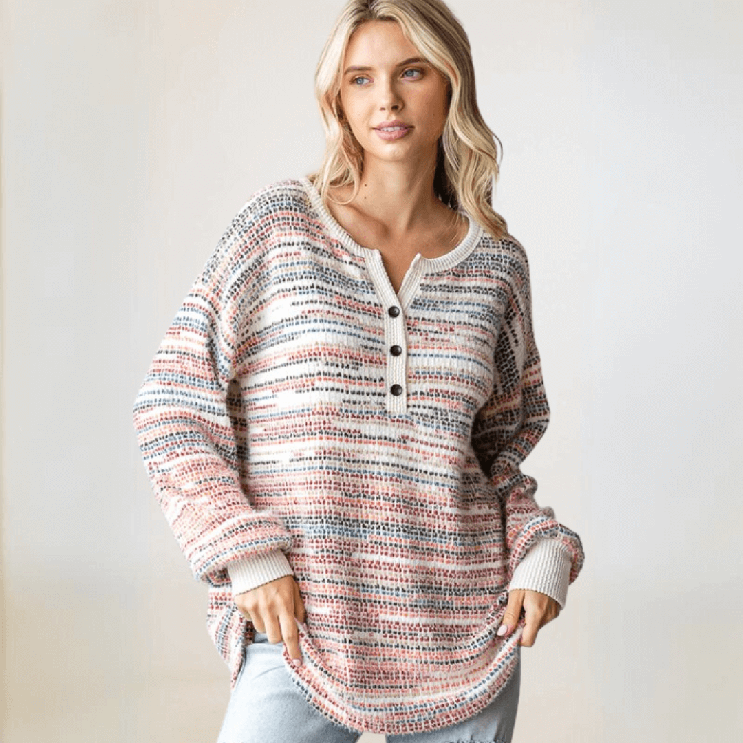 Fuzzy Soft Striped Henley Sweater
