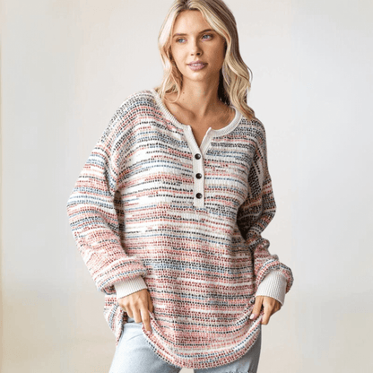 Fuzzy Soft Striped Henley Sweater