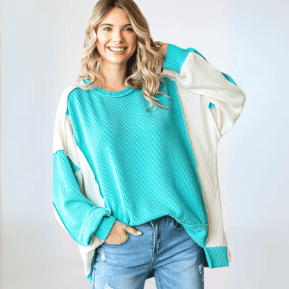 Mixed Media Oversized Color Block Pullover