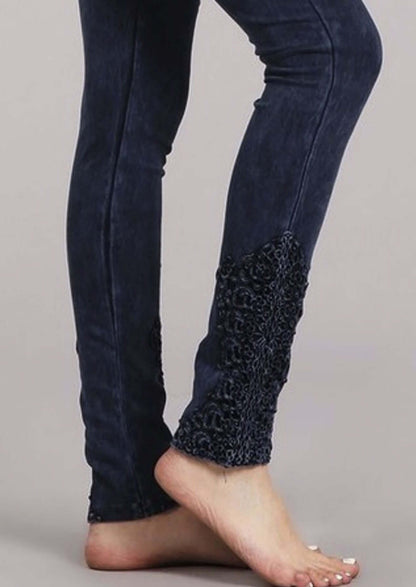 Mineral Washed Jeggings Crochet Ankle Detail Made in USA