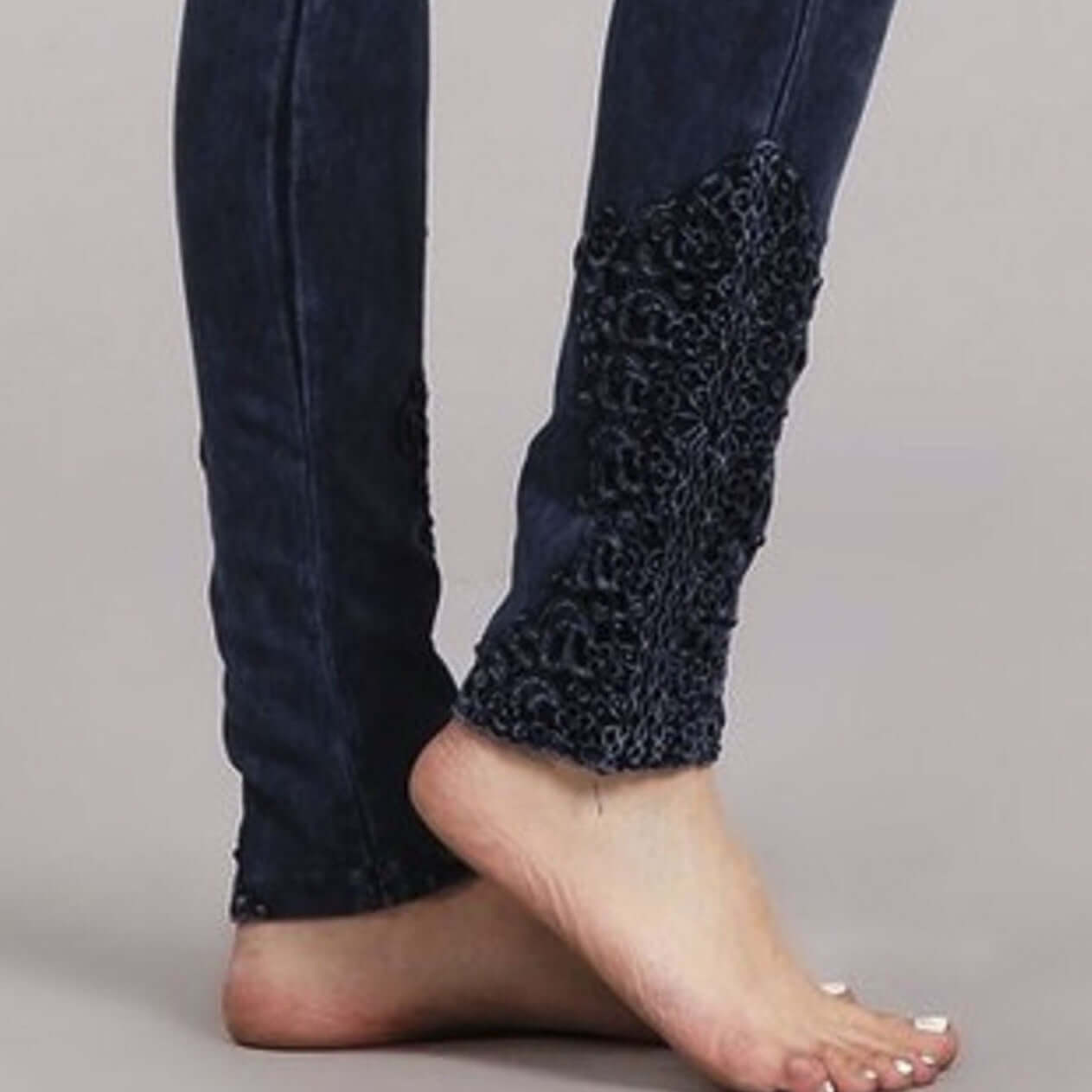 Mineral Washed Jeggings Crochet Ankle Detail Made in USA