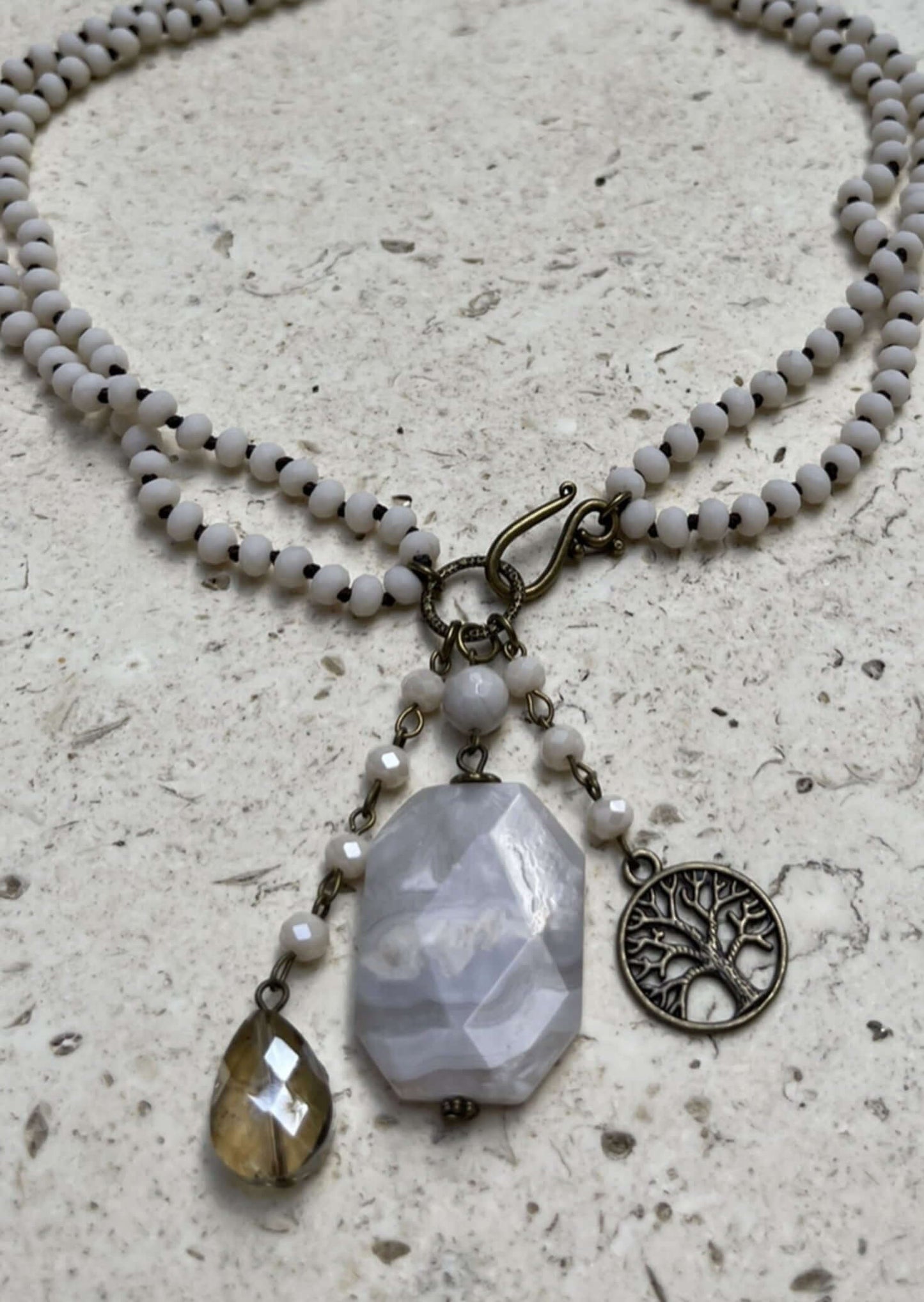 Creamy Steele Gray & White Natural Stone Beaded Charm Necklace Made in USA