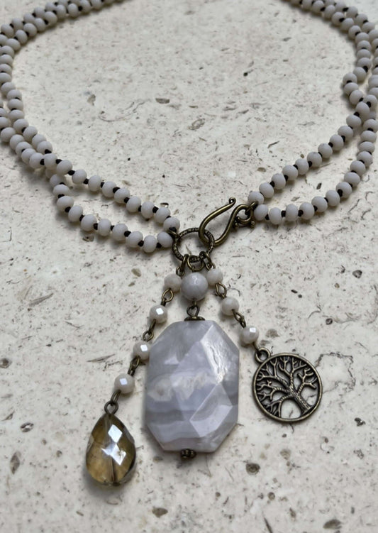 Creamy Steele Gray & White Natural Stone Beaded Charm Necklace Made in USA