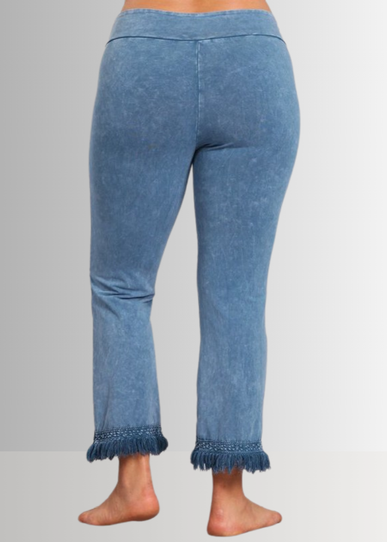 Mineral Washed Crochet Fringe Hem Pants in Plus Size