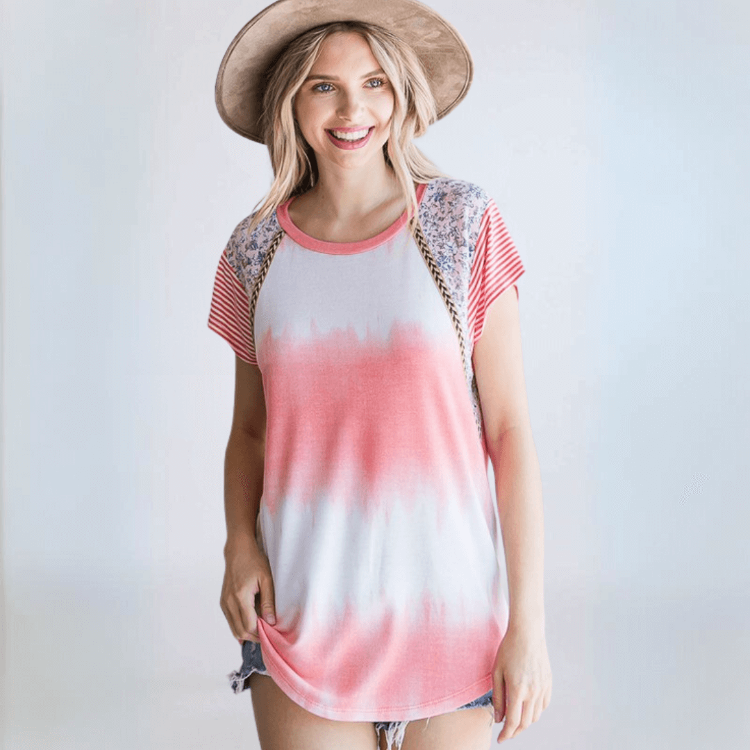 Tie Dye Coral Trim Top Made in USA