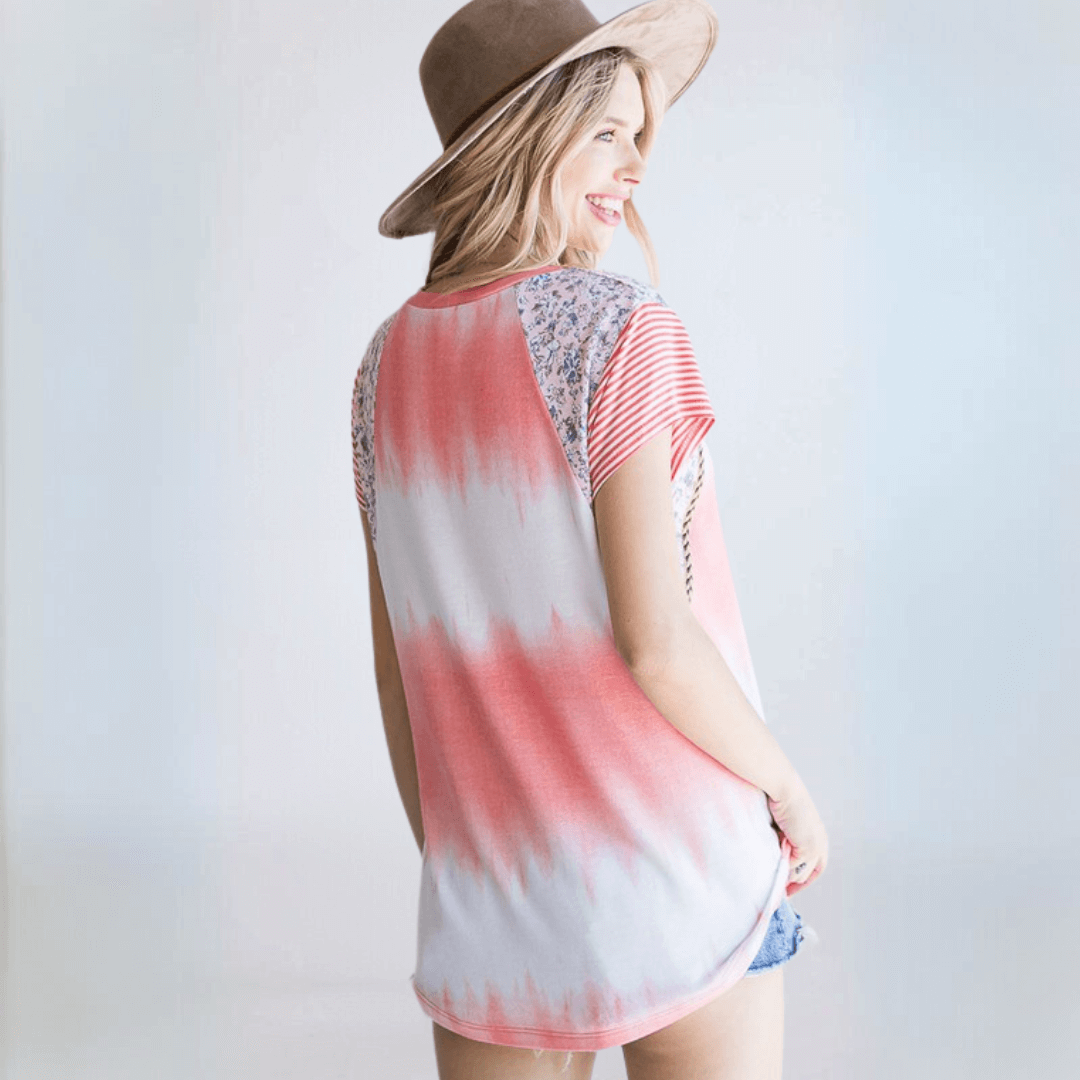 Tie Dye Coral Trim Top Made in USA