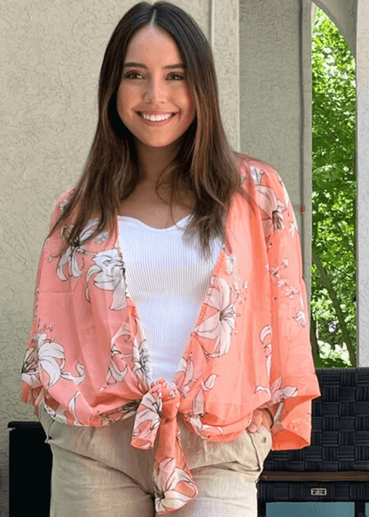 Sheer Floral Tie Front Kimono Cardigan in Coral