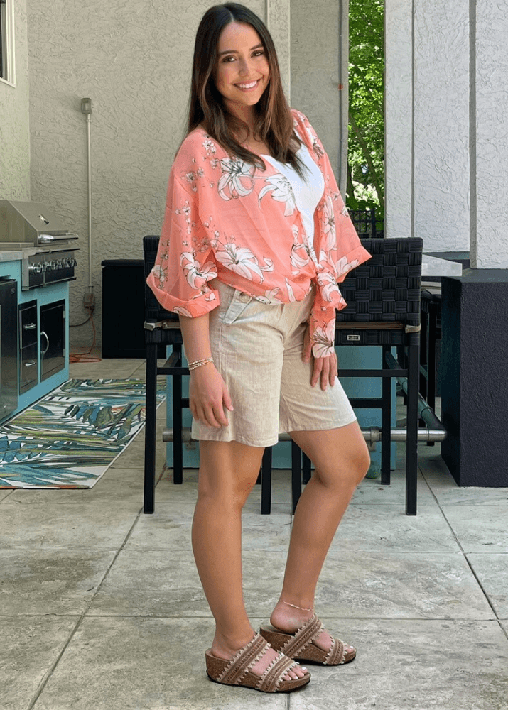 Sheer Floral Tie Front Kimono Cardigan in Coral