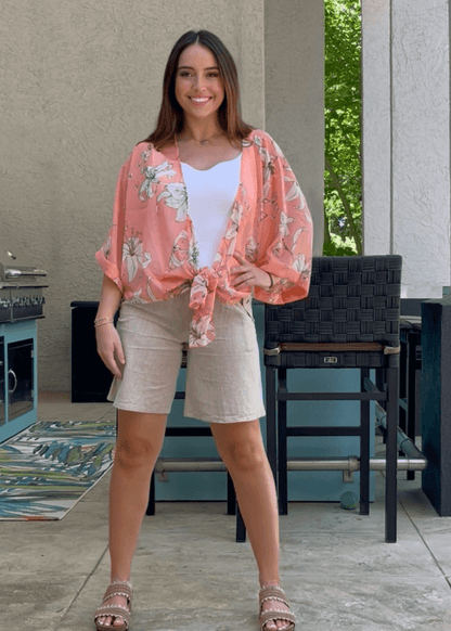 Sheer Floral Tie Front Kimono Cardigan in Coral