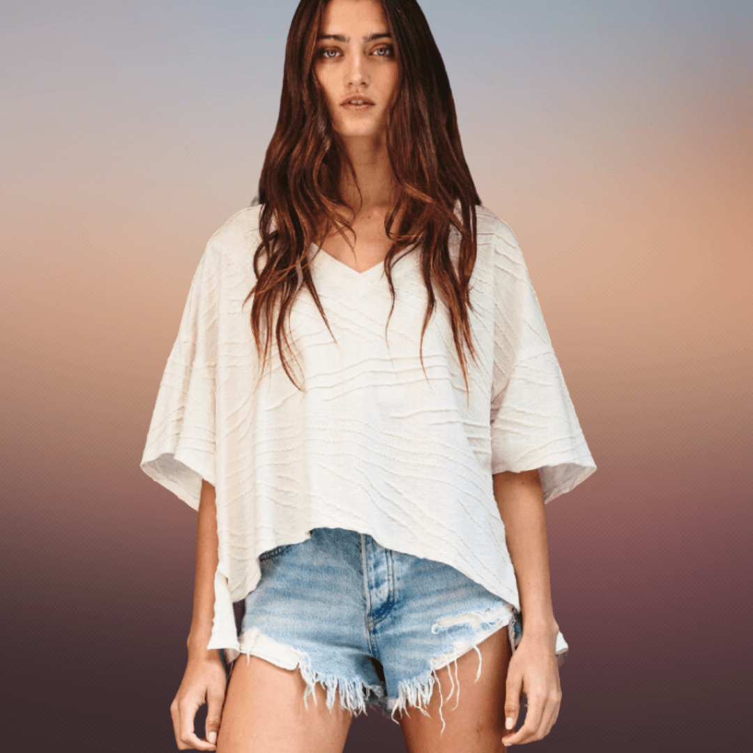 Textured V-Neck Boxy Top Made in USA
