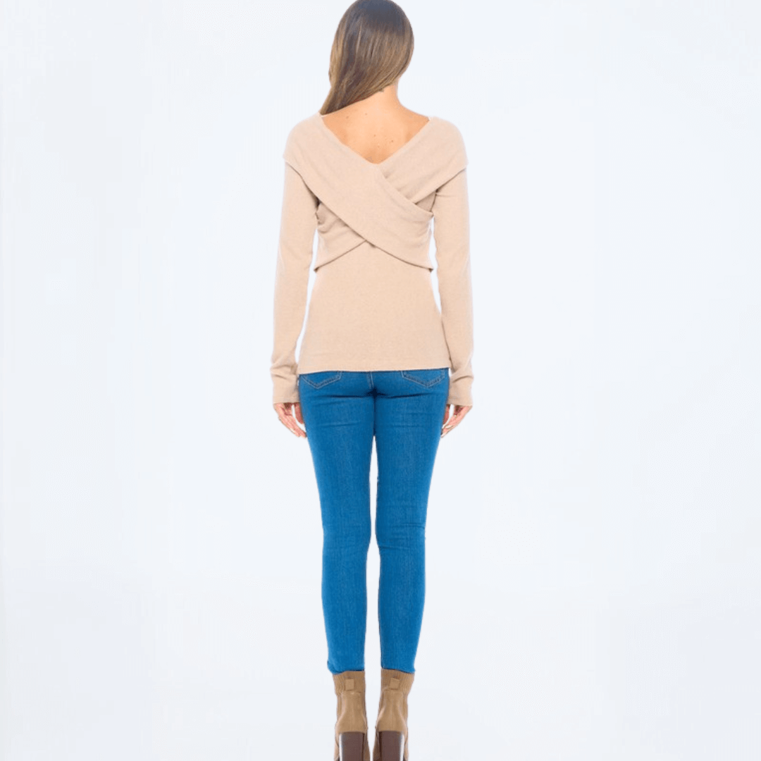 Cashmere Feel Wrap Detail Off Sweater Top Made in USA