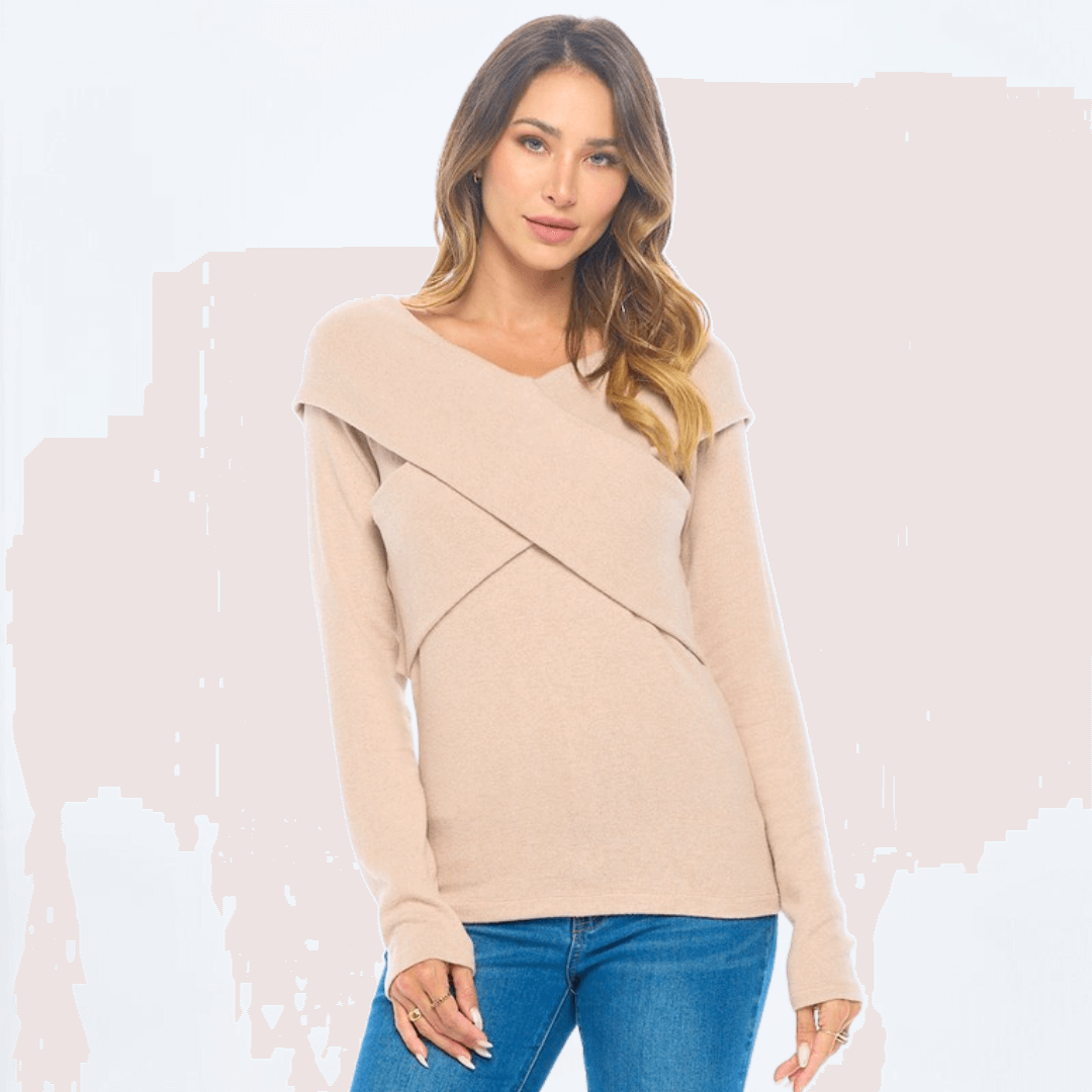 Cashmere Feel Wrap Detail Off Sweater Top Made in USA