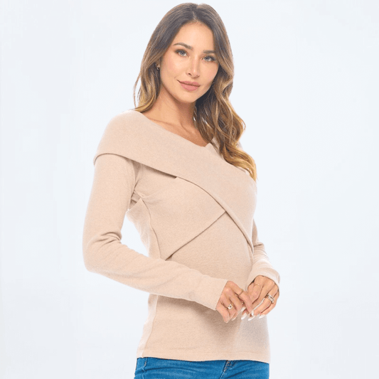 Cashmere Feel Wrap Detail Off Sweater Top Made in USA