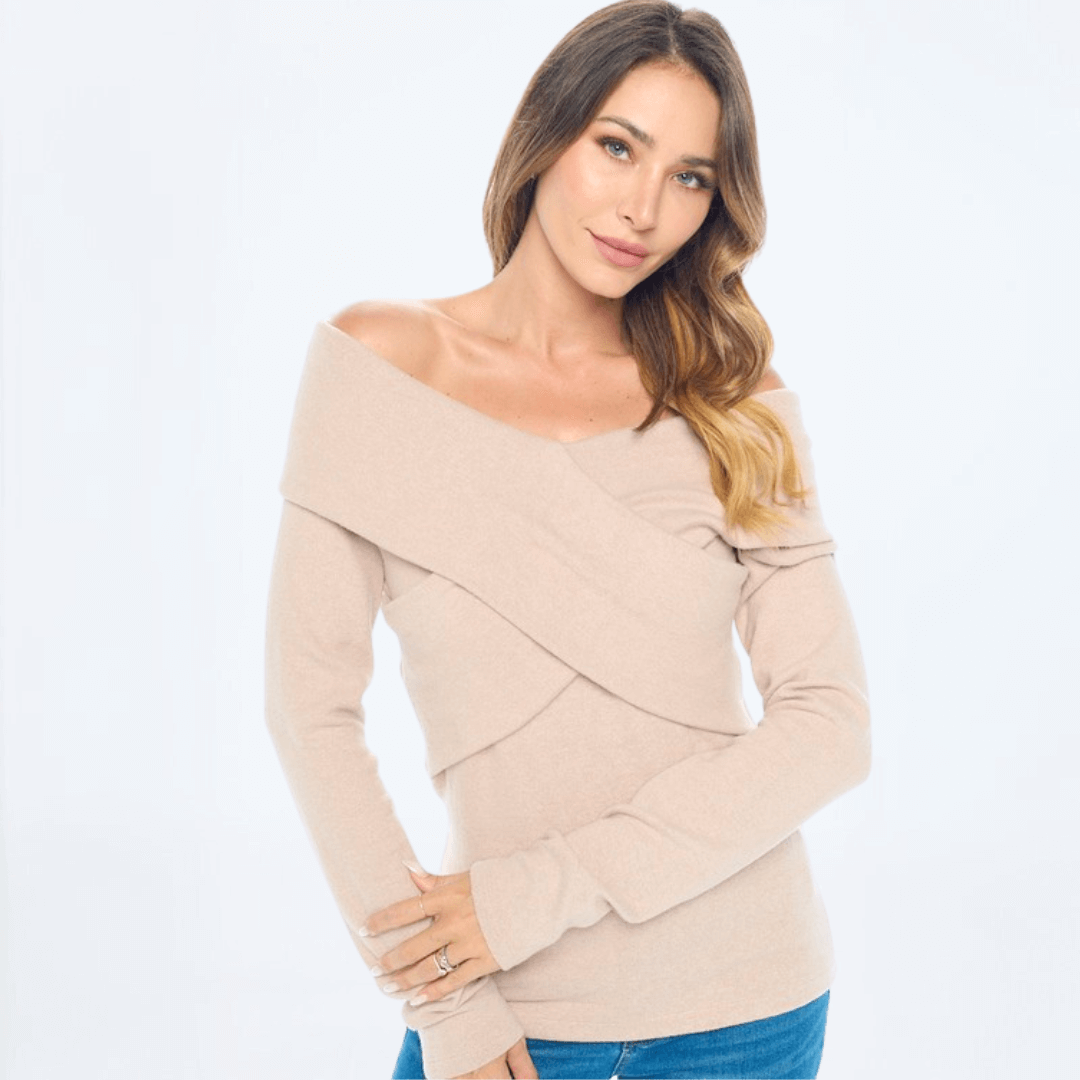 Cashmere Feel Wrap Detail Off Sweater Top Made in USA
