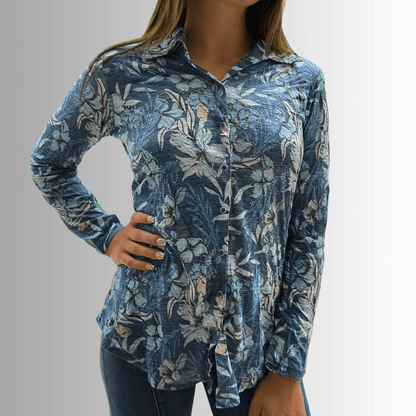 Designer Blue Floral Rhinestone Embellished Top Made in USA