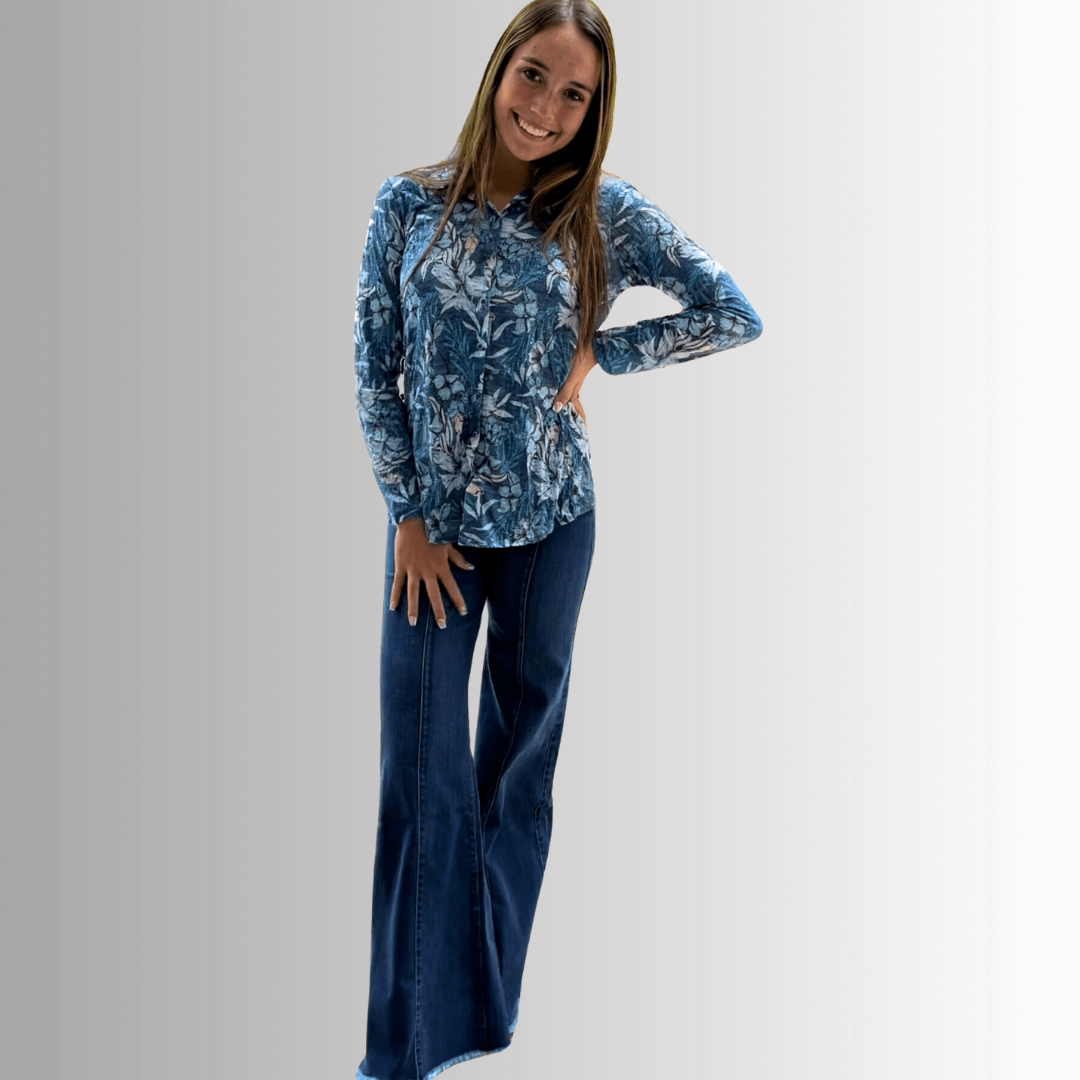 Designer Blue Floral Rhinestone Embellished Top Made in USA