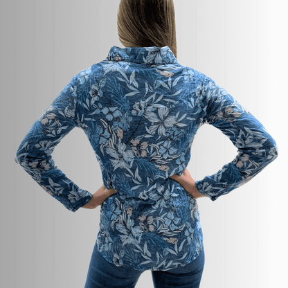 Designer Blue Floral Rhinestone Embellished Top Made in USA