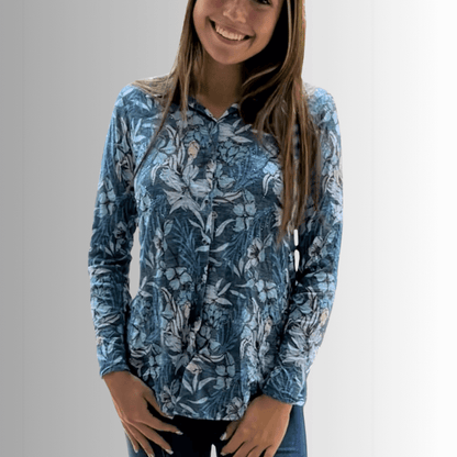 Designer Blue Floral Rhinestone Embellished Top Made in USA