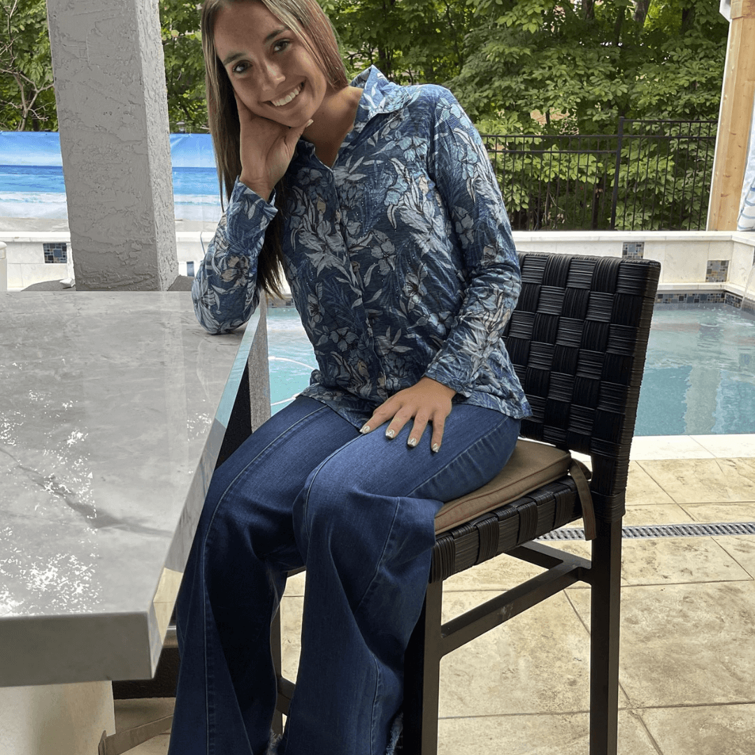 Designer Blue Floral Rhinestone Embellished Top Made in USA