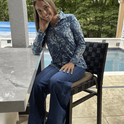 Designer Blue Floral Rhinestone Embellished Top Made in USA