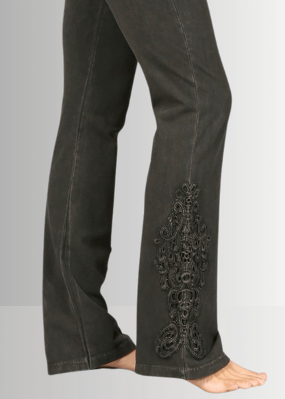 Mineral Washed Bootcut Jeggings Crochet Detail in Dark Moss Green