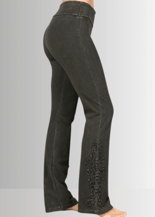 Mineral Washed Bootcut Jeggings Crochet Detail in Dark Moss Green