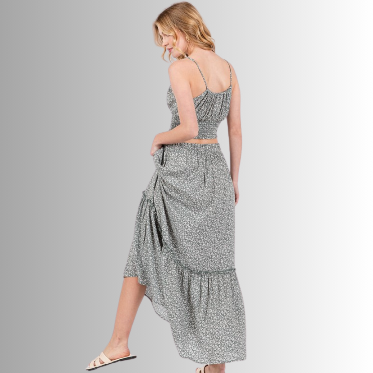 Pine Dove Sage Ditsy Floral Maxi Skirt Made in USA