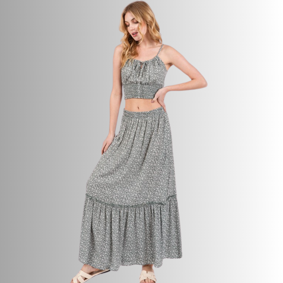 Pine Dove Sage Ditsy Floral Maxi Skirt Made in USA